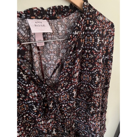Knox Rose Women's Top Blouse Black with Pattern Long Sleeve Ties Size XS - Picture 4 of 6